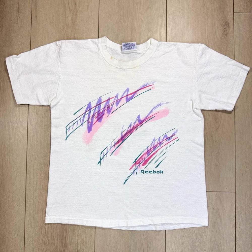 VTG 80s Reebok USA Single Stitch TShirt M Abstract Brushstroke Graphic White Tee